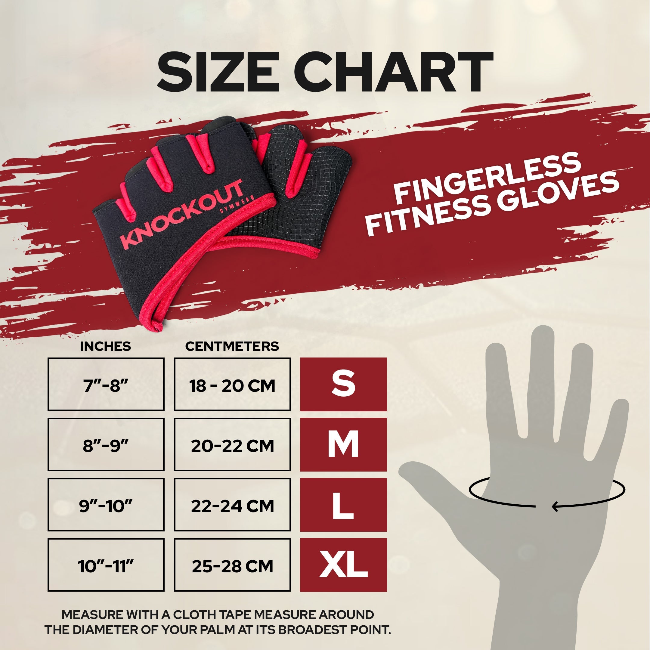 Knockout Fingerless Gloves sizechart