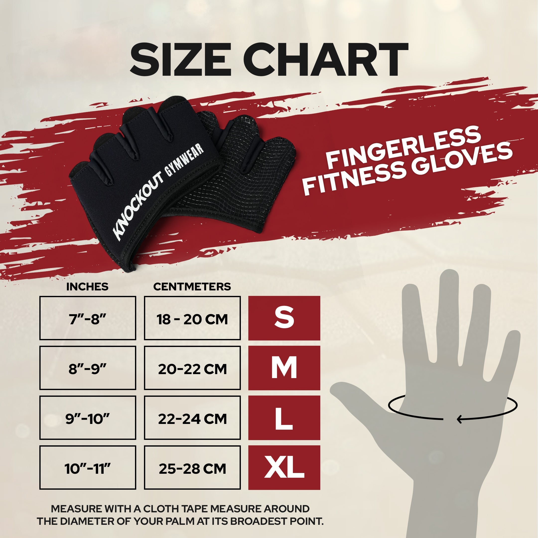 Fingerless Fitness Gloves sizechart