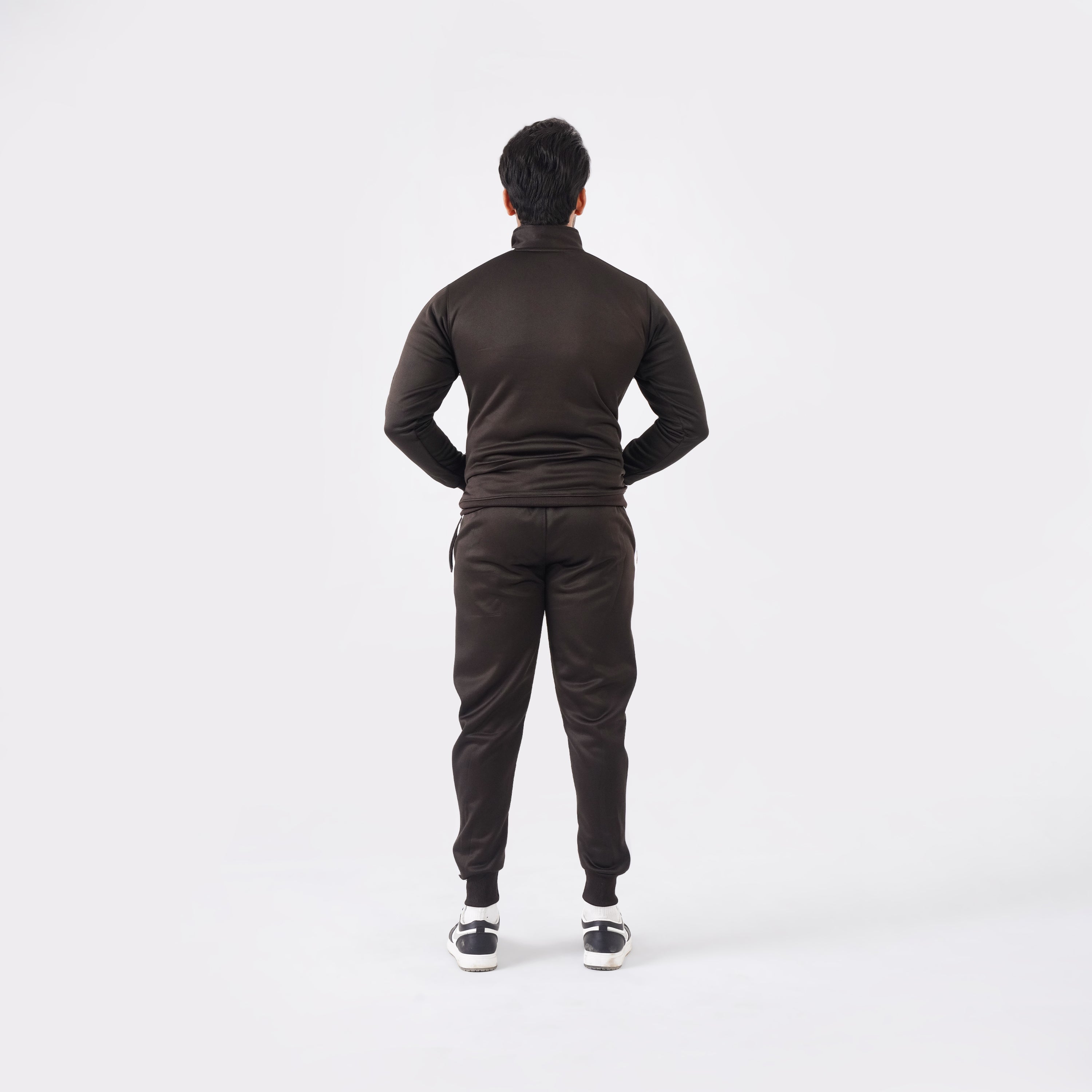 Men’s Chocolate athletic tracksuit with side stripes for gym and casual style.
