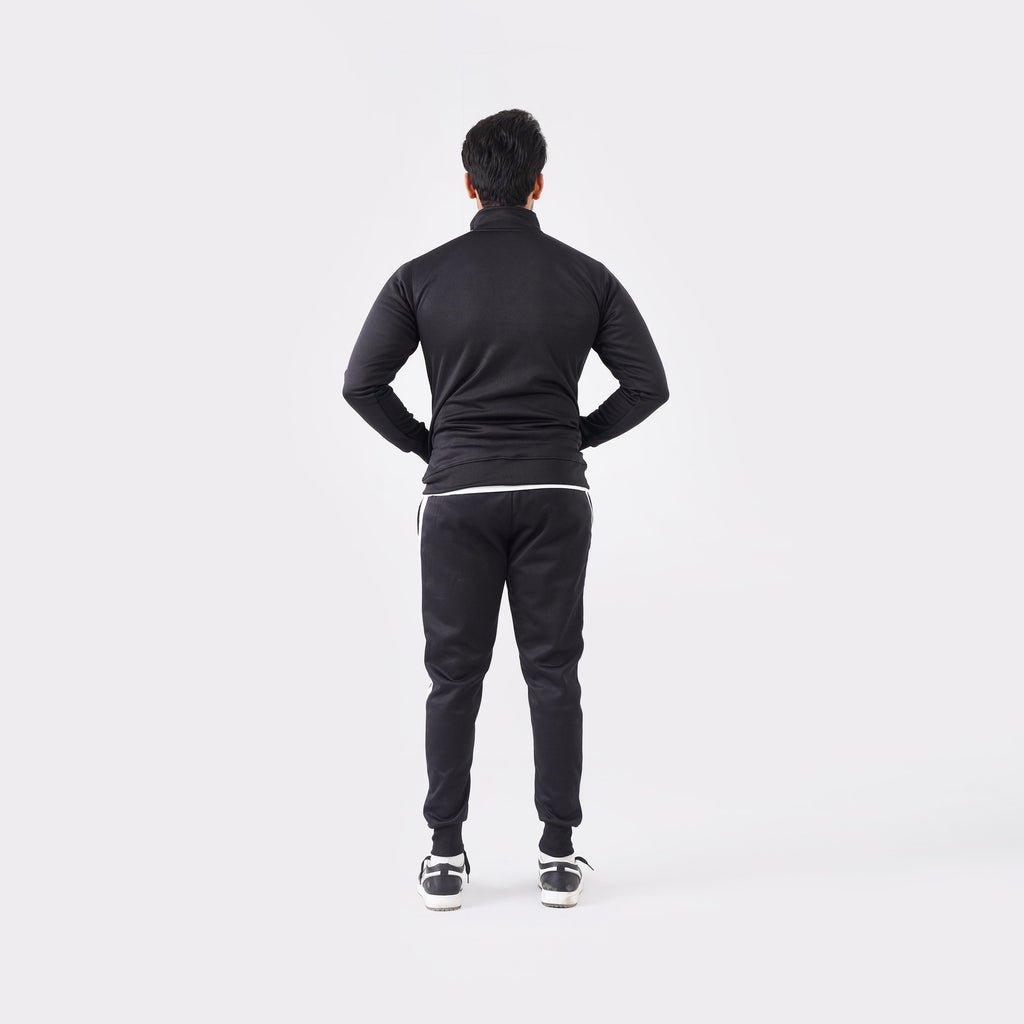 Men’s black athletic tracksuit with side stripes for gym and casual style.
