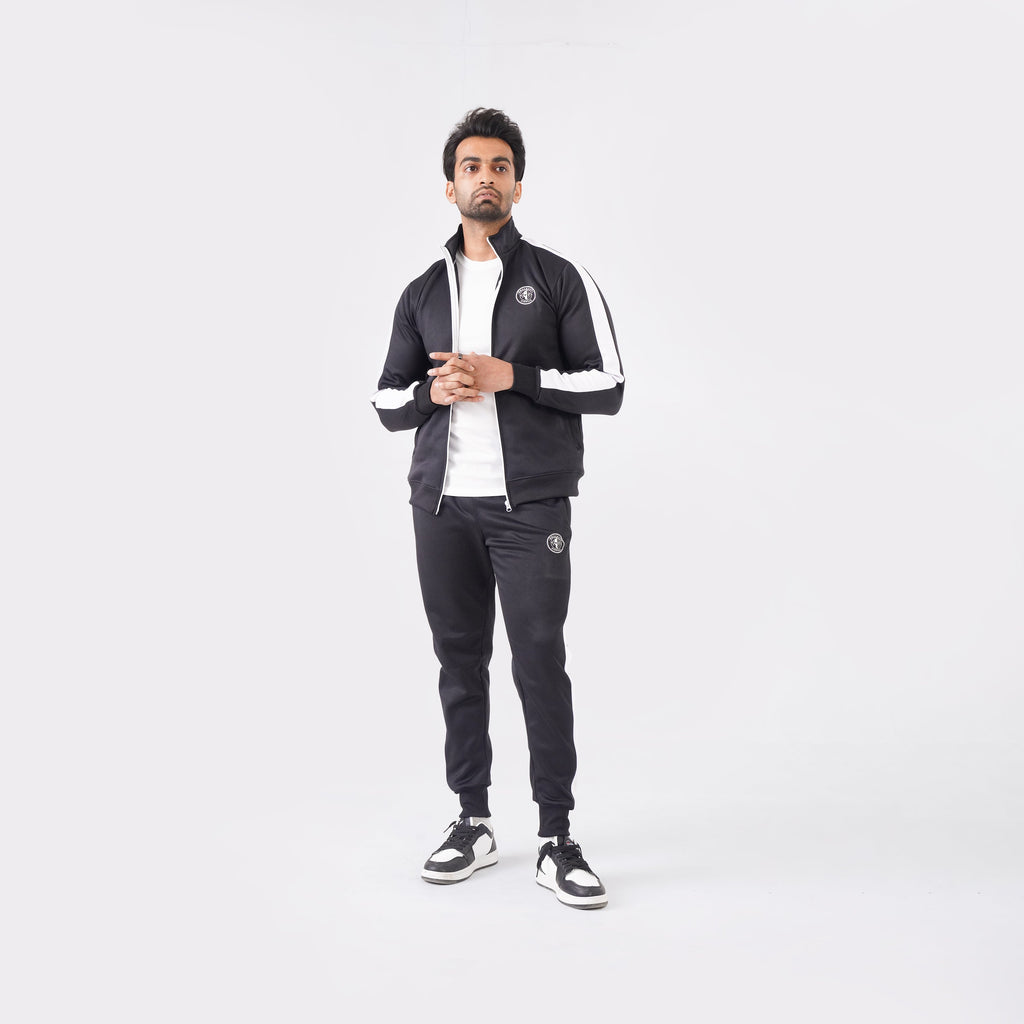 Men’s black athletic tracksuit with side stripes for gym and casual style.