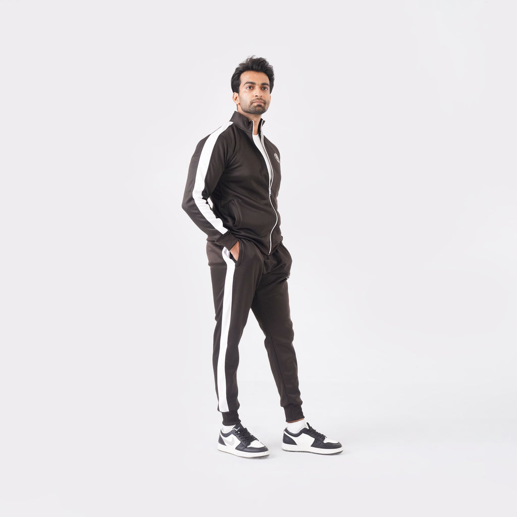 Men’s chocolate athletic tracksuit with side stripes for gym and casual style.

