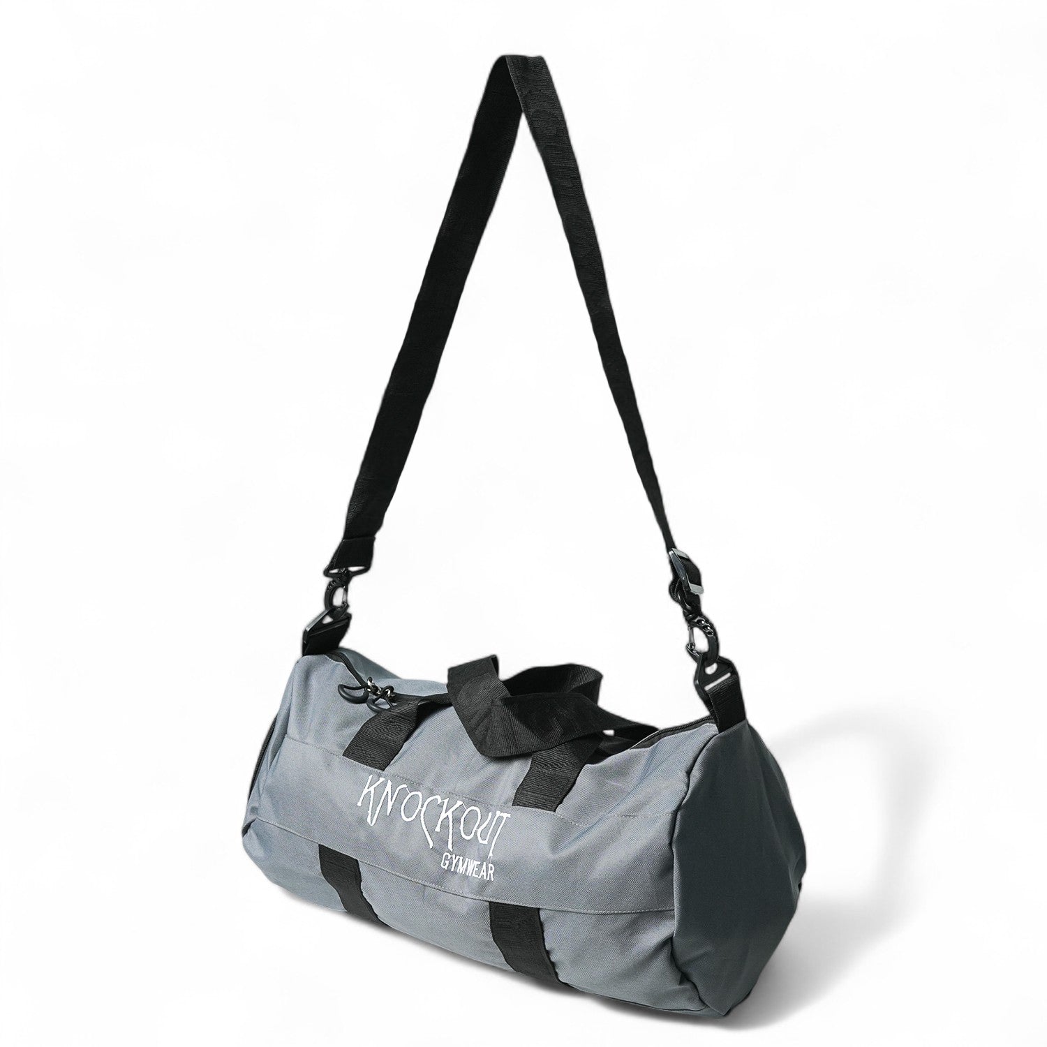 Gray duffel bag with black accents and Knockout branding