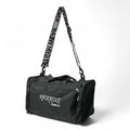 Black gym bag with a front and shoe pocket and shoulder strap 