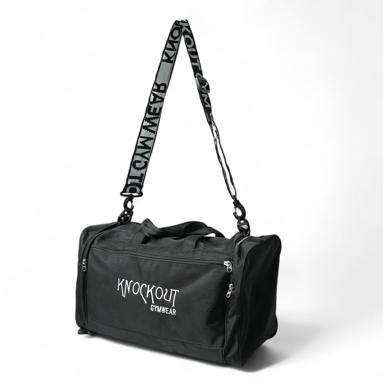 Black gym bag with a front and shoe pocket and shoulder strap 