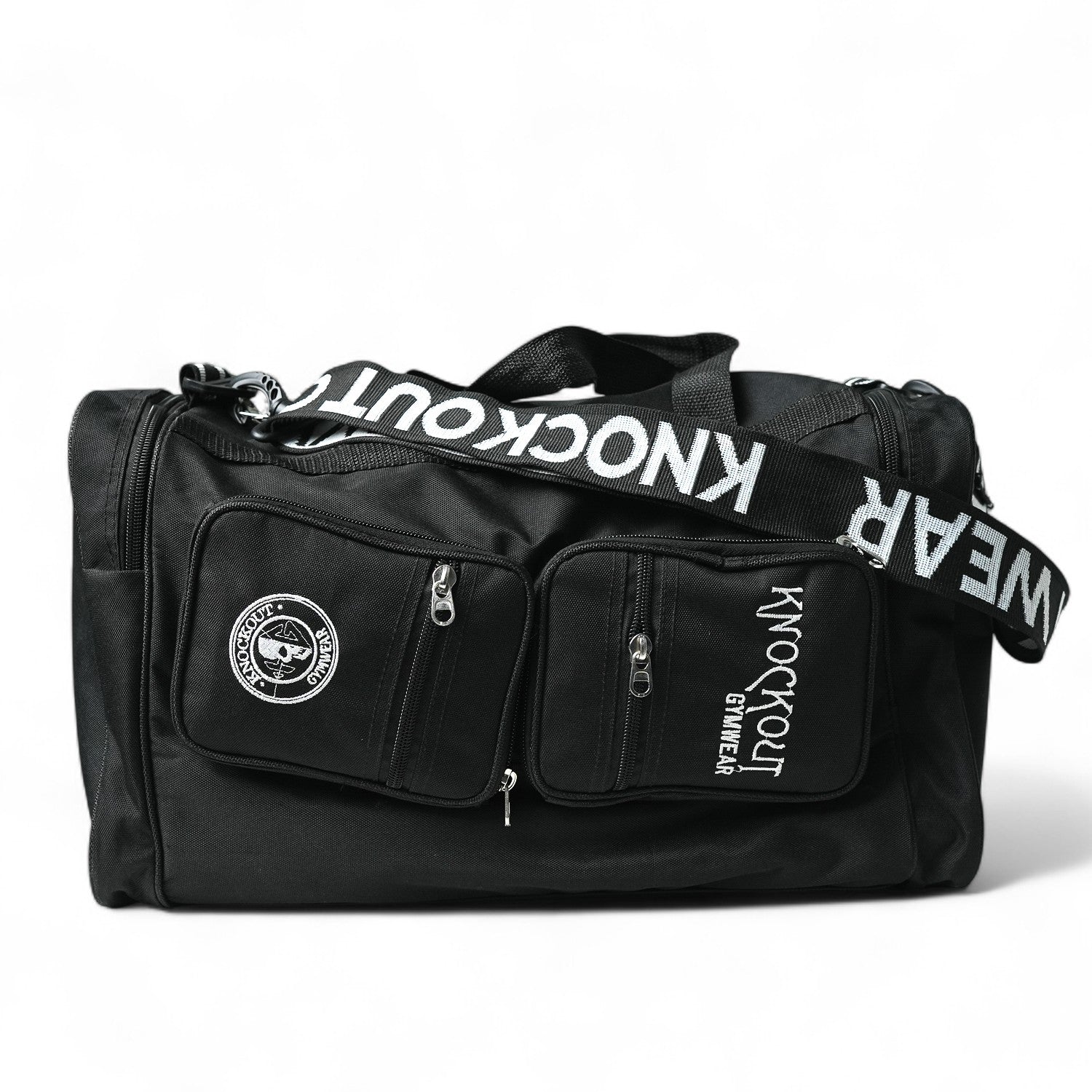 Knockout Black gear bag with a front and shoe pocket and shoulder strap 