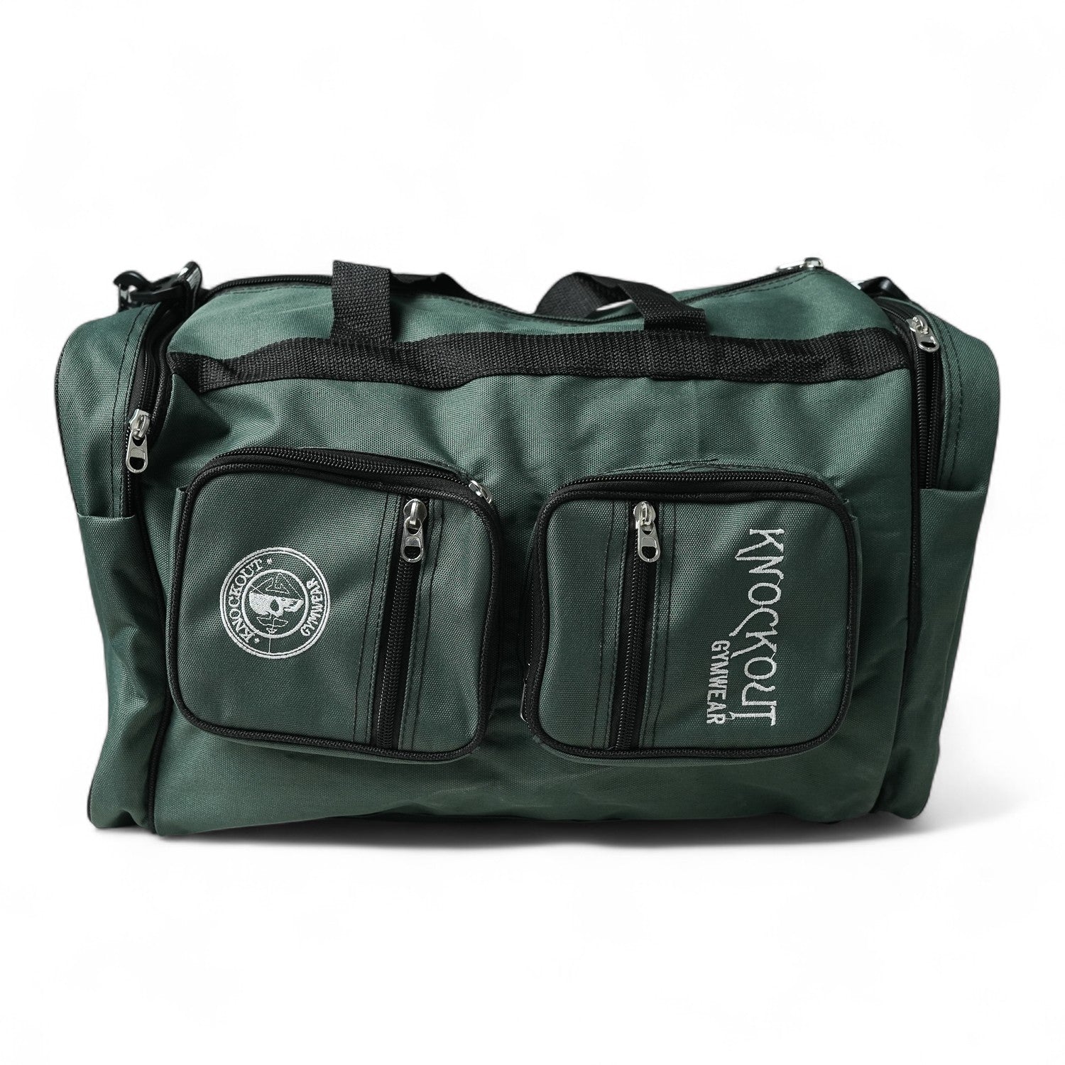 Green Duffle Bag with back strap and side pocket for shoes.