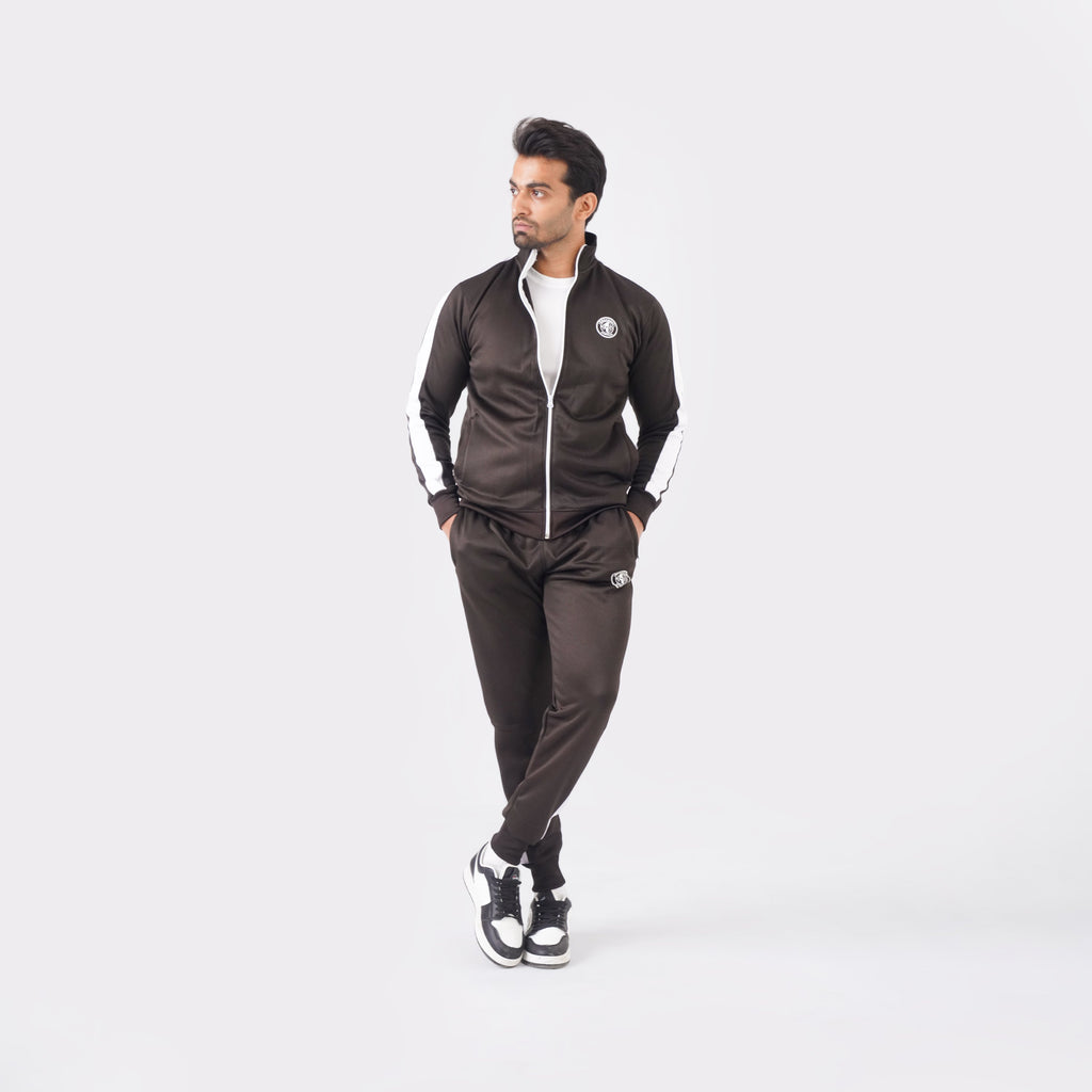 Men’s chocolate athletic tracksuit with side stripes for gym and casual style.
