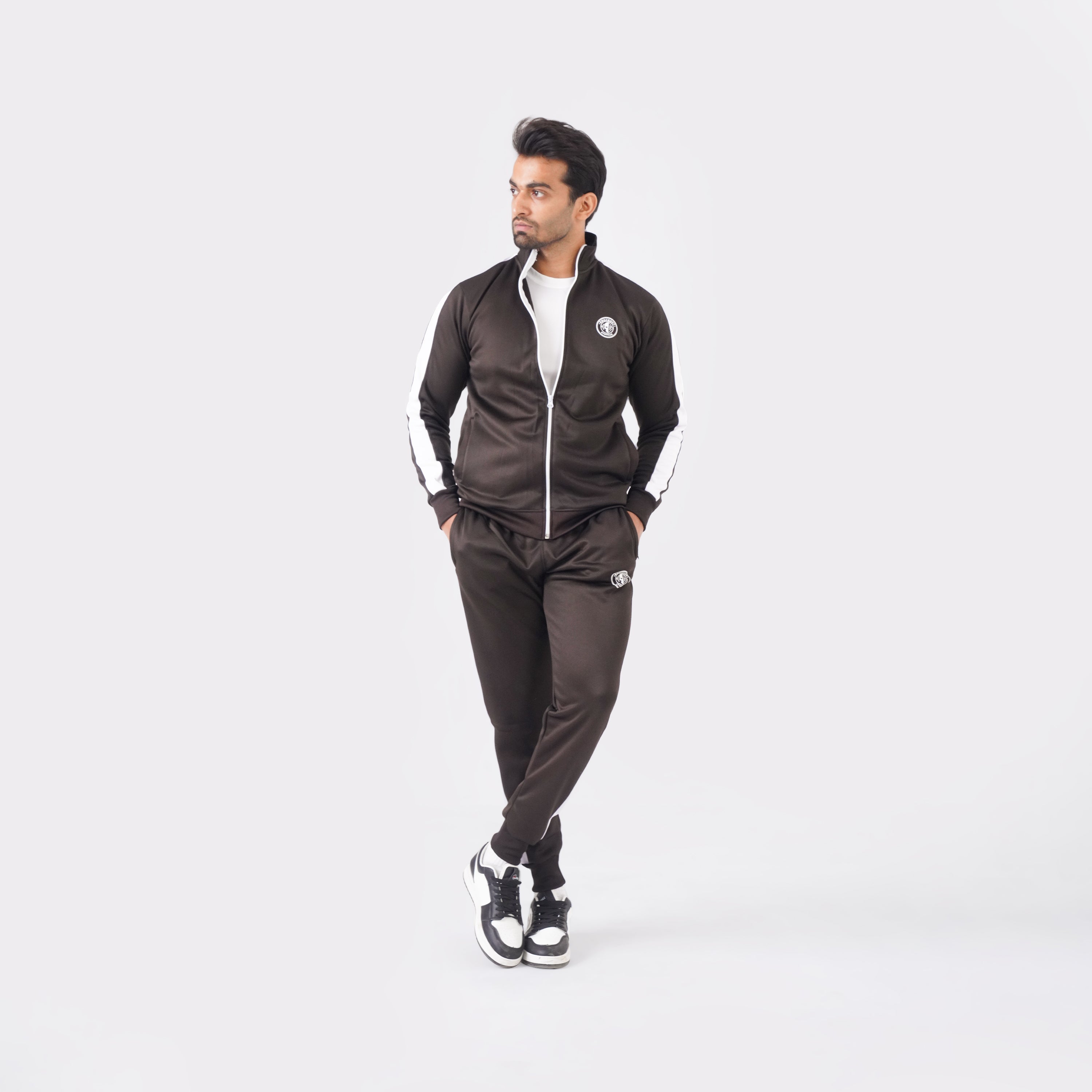 Men’s chocolate athletic tracksuit with side stripes for gym and casual style.

