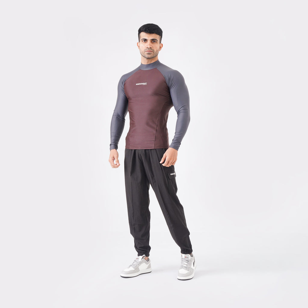 Contrast Brown & Grey Long Sleeve High Neck Compression