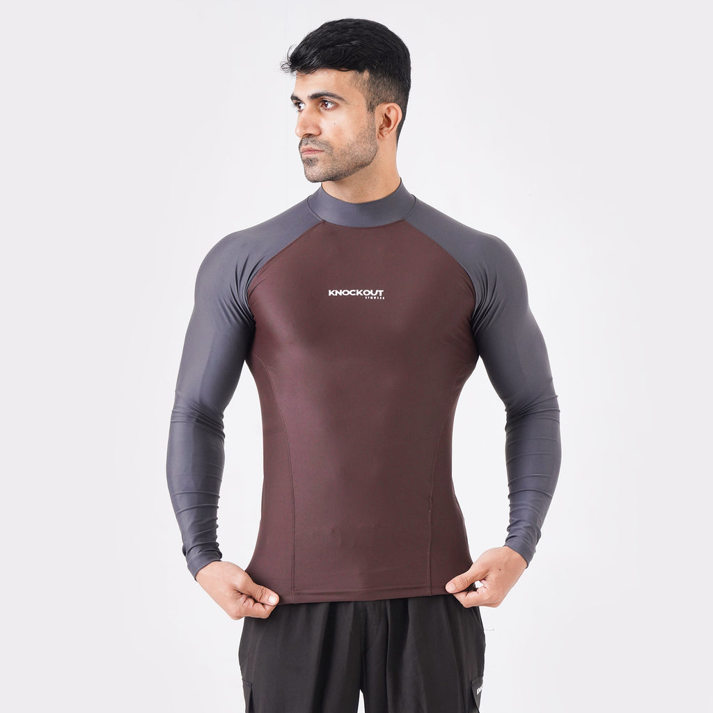 Contrast Brown & Grey Long Sleeve High Neck Compression