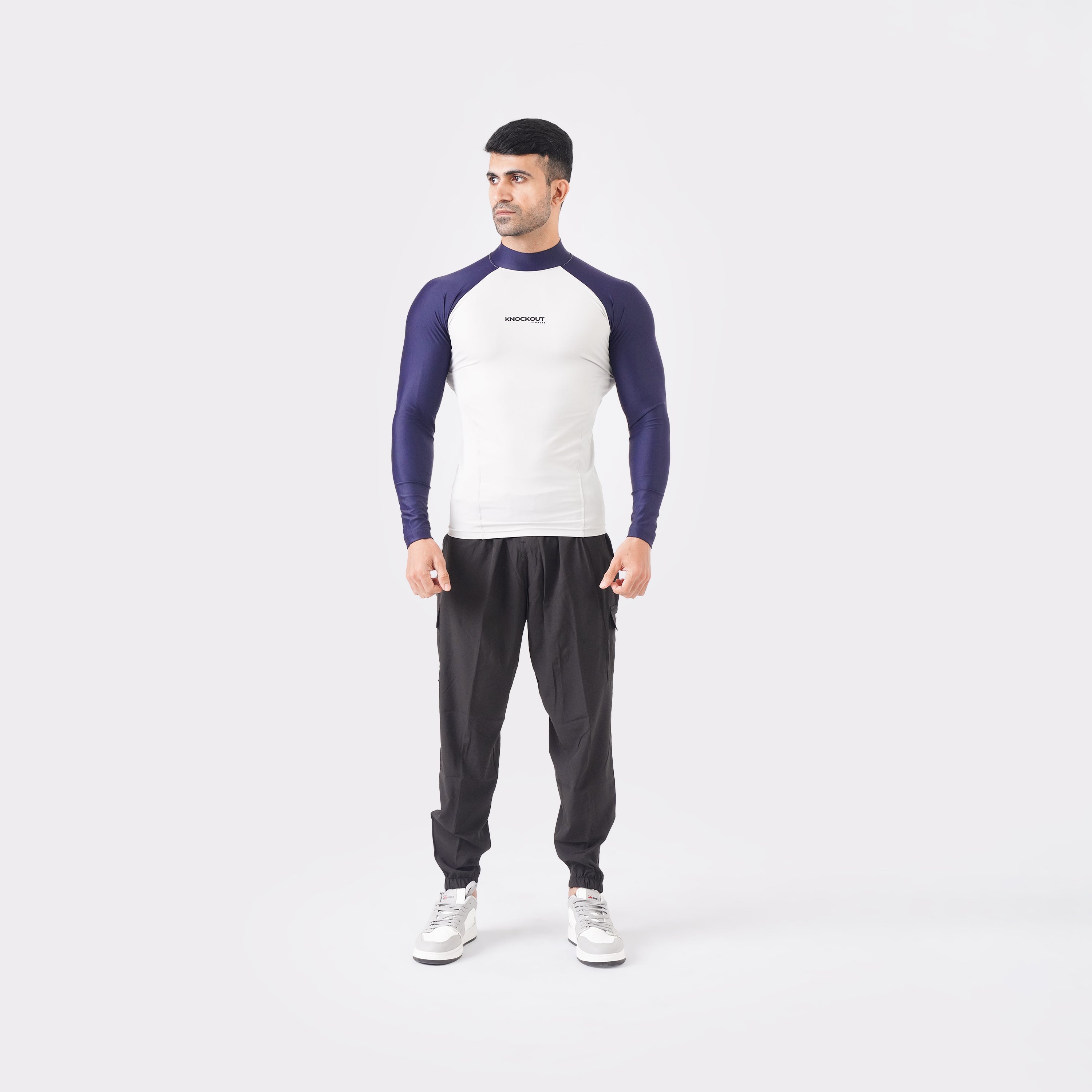 Contrast Light Stone & Blue Sleeve High Neck Compression