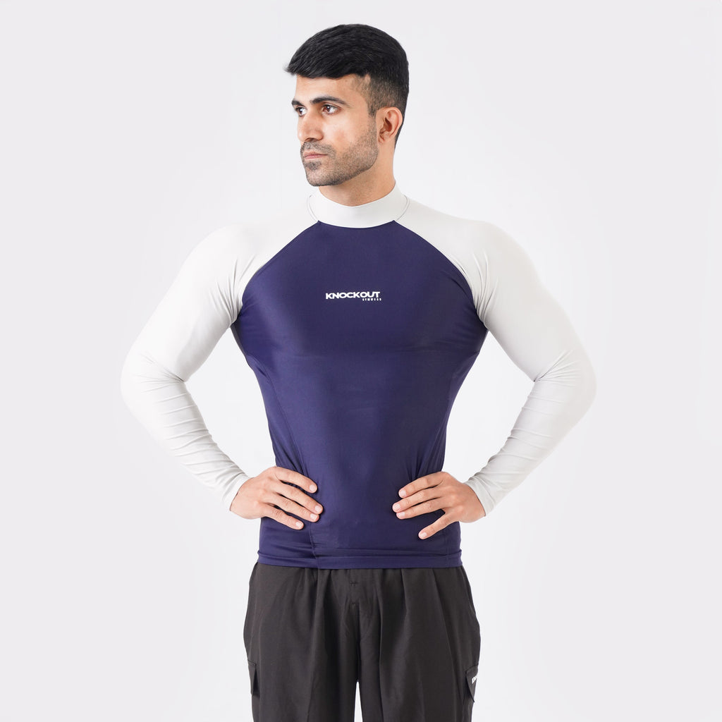 Contrast blue & Light Stone Sleeve with High Neck
