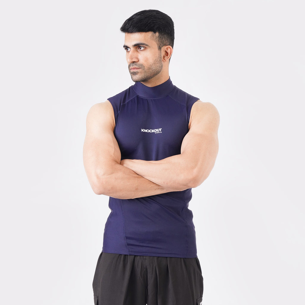Navy Blue Knockout Sleeveless High Neck Compression