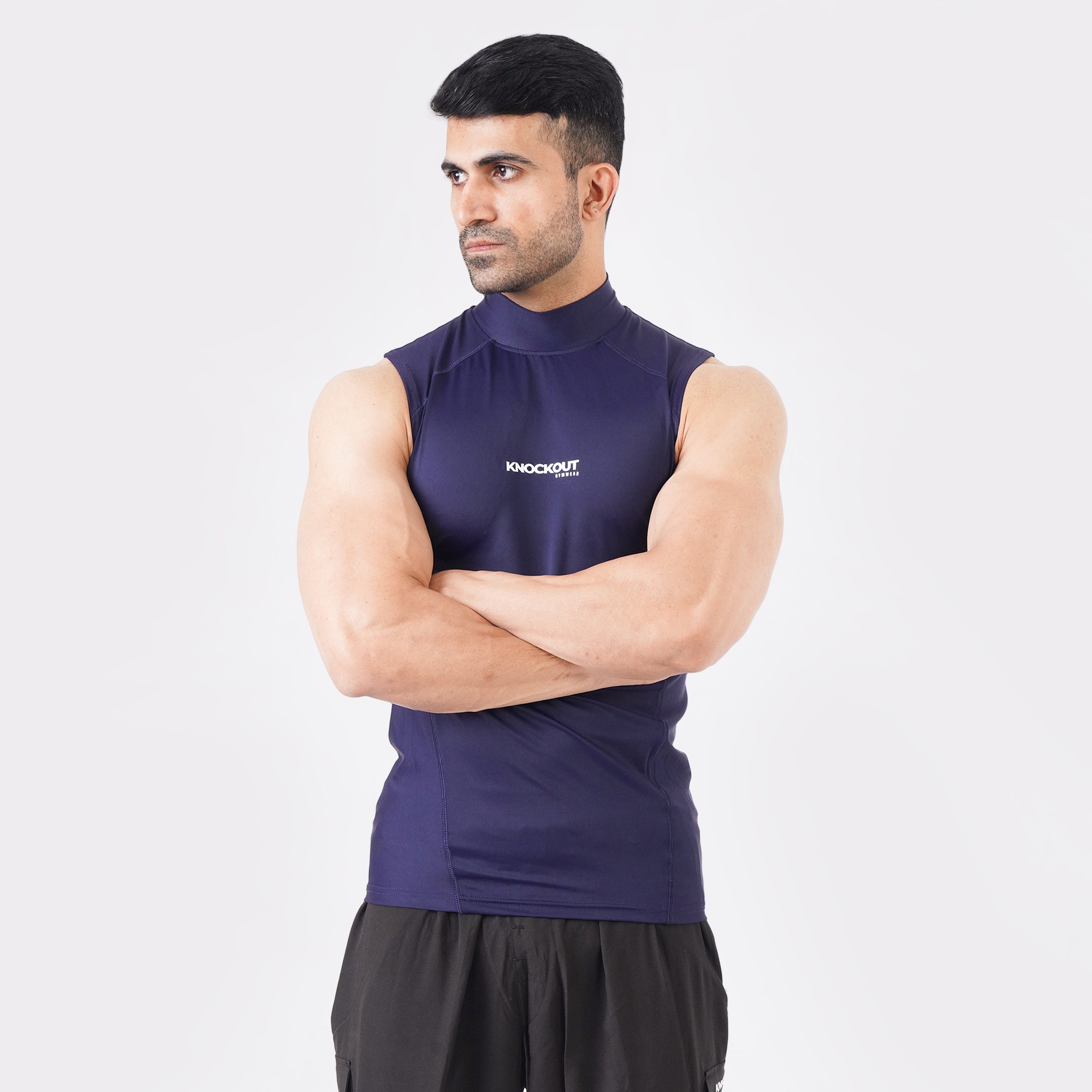 Navy Blue Knockout Sleeveless High Neck Compression