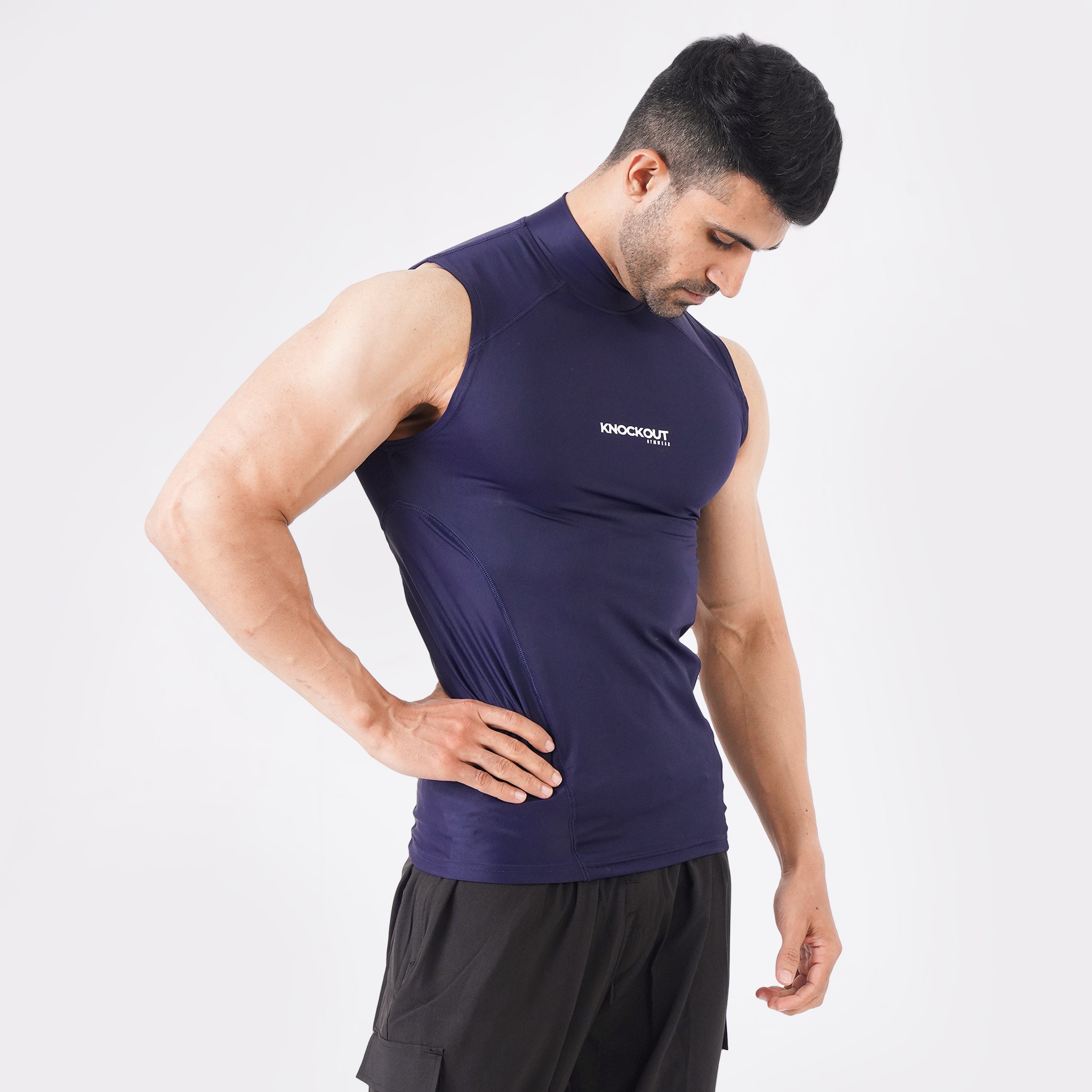 Knockout Sleeveless High Neck Compression Shirt Navy Blue
