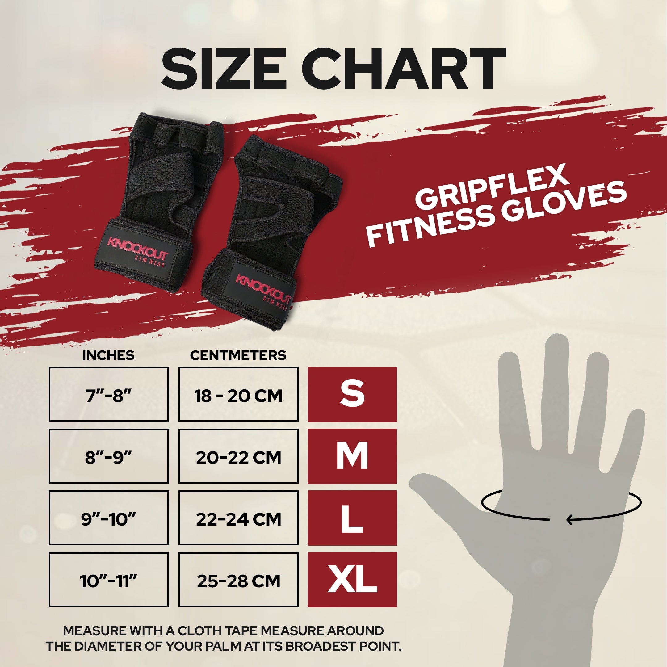 Gripflex fitness gloves Size chart