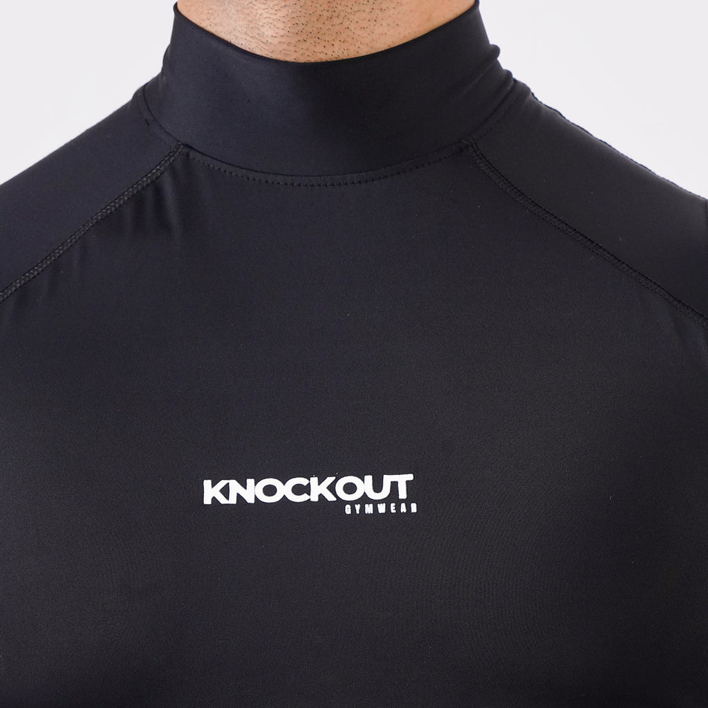 Knockout Black sleeveless high-neck compression shirt for men’s activewear.
