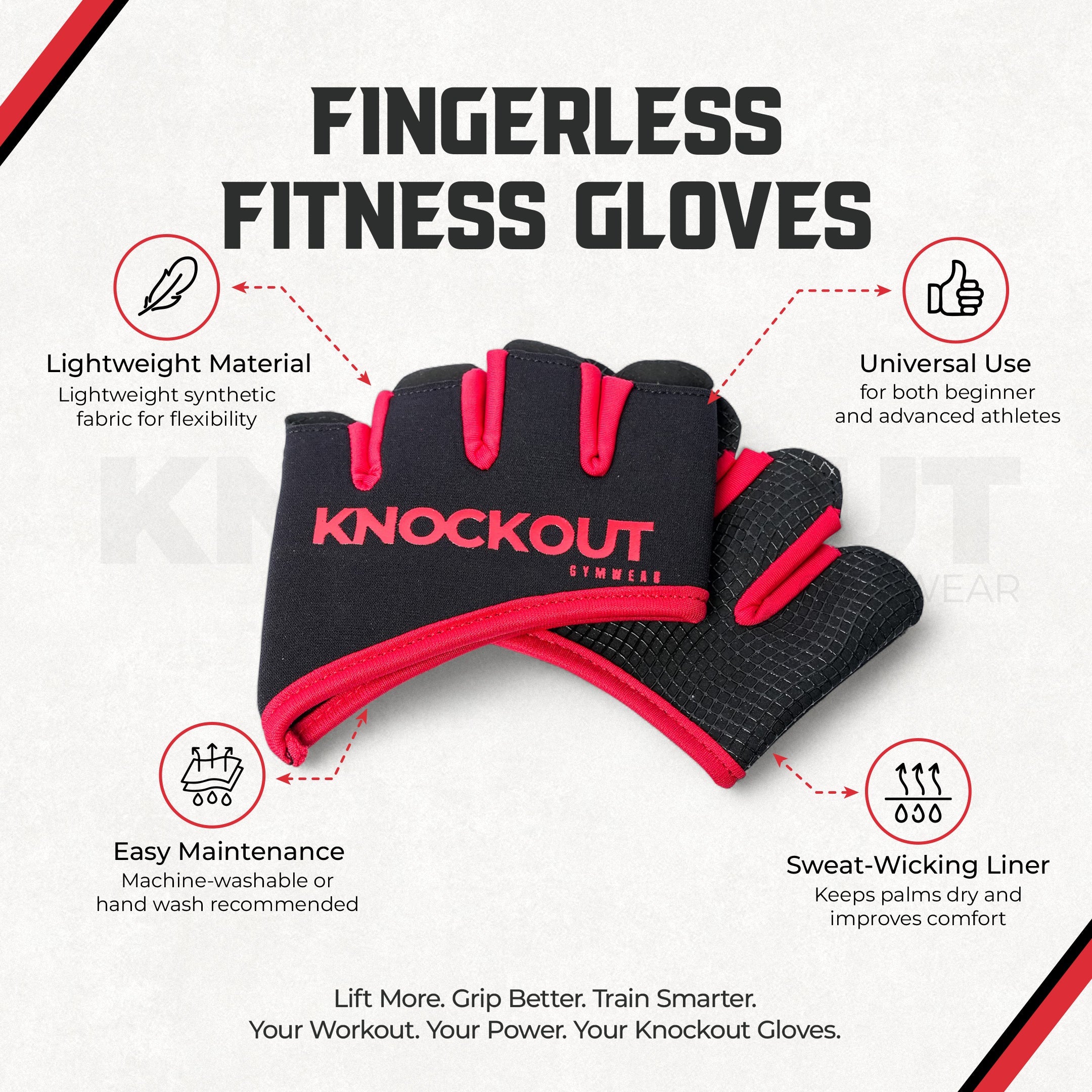 Knockout Fingerless Fitness Gloves - Black Red 01