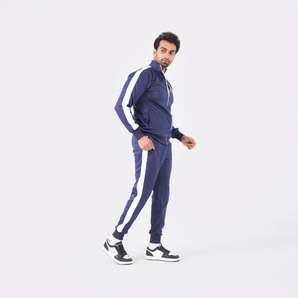 Men’s navy blue athletic tracksuit with side stripes for gym and casual style.
