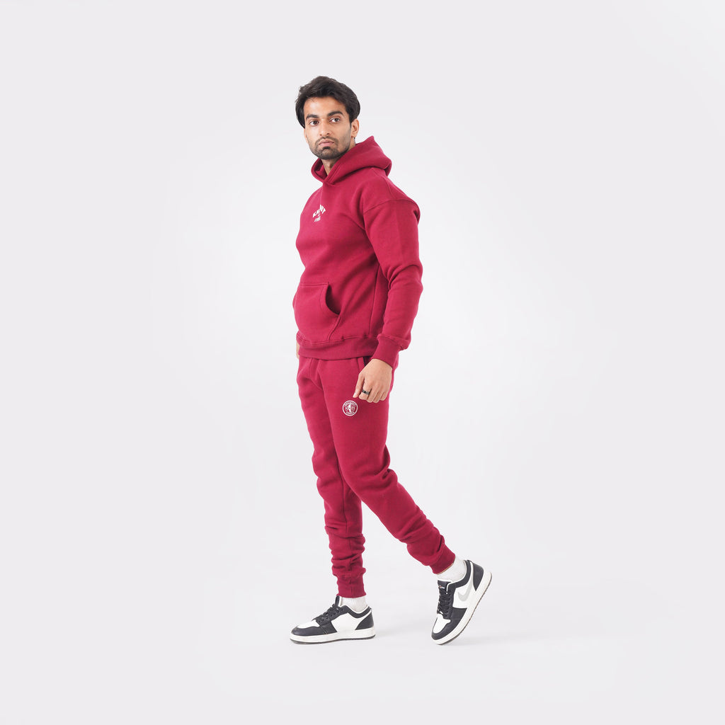Maroon oversized tracksuit for men with a relaxed, comfortable fit.
