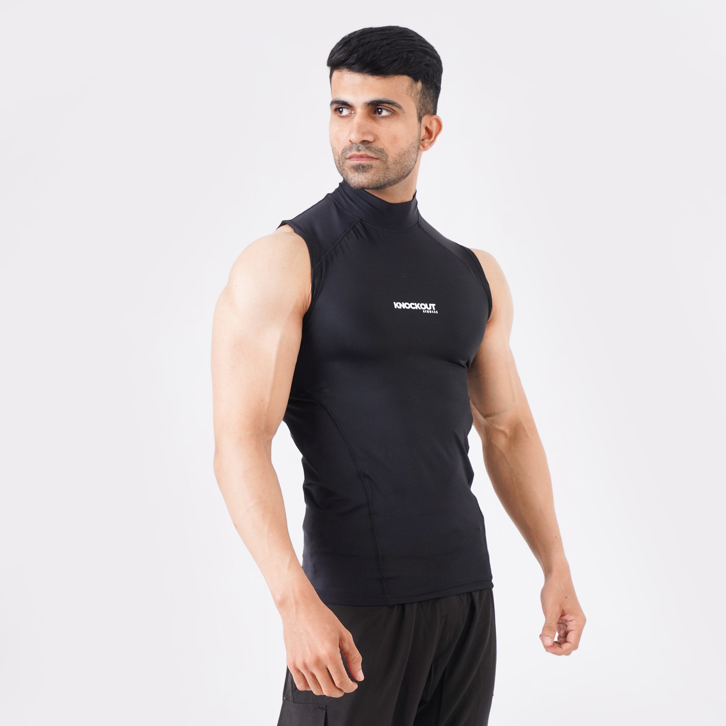 Black sleeveless high-neck compression shirt for gymwear 