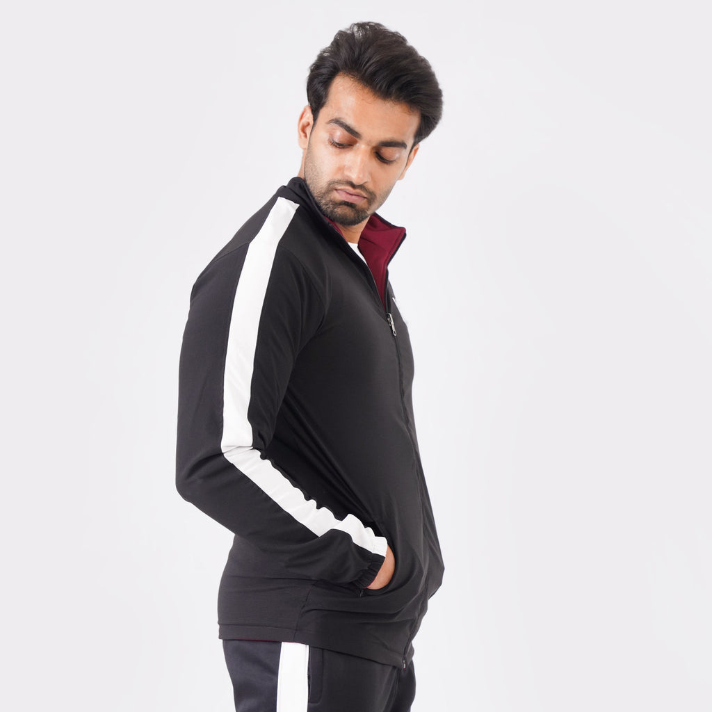 Black and Maroon Double Layer 2-in-1 Jacket for versatile gym and casual wear.
